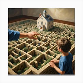 An Adult Hand Pointing Towards A House At The Center Of A Large, Intricate Labyrinth, Observed By A Young Boy Canvas Print