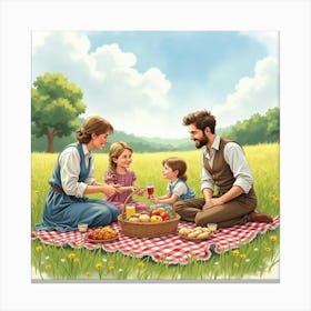 A Traditional English Family Picnic In A Country Meadow, Watercolor Effect 1 Canvas Print