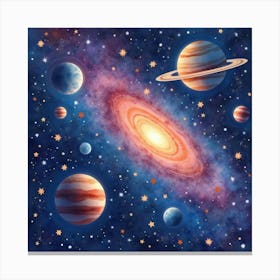 A Watercolor Galaxy Teeming With Vibrant Stars, Planets, And Glowing Dust 1 Canvas Print