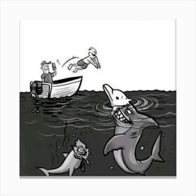 Sharks In A Boat Canvas Print