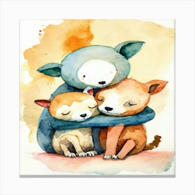 Watercolor Of Two Dogs Hugging Canvas Print