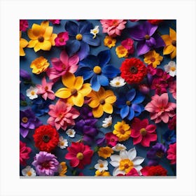 Colorful Flowers On Blue Background Canvas Print