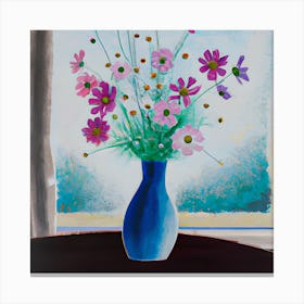 Cosmos Flowers In A Blue Vase Canvas Print