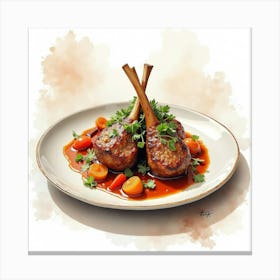 Watercolor Sketch Of A Savory And Hearty Lamb Stew On A Chic Restaurant Table Canvas Print