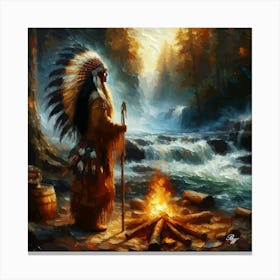 Oil Texture Native American Indian Maiden By Stream 3 Copy Canvas Print