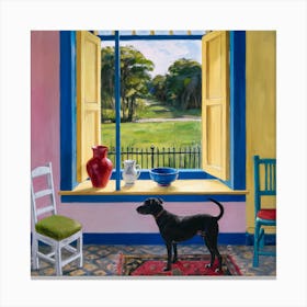 Open Window Matisse Inspired With A Grey Dog 1 Canvas Print