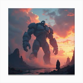 Giant Titan In Battle Under A Glowing, Rainbow Hued Sky 1 Canvas Print