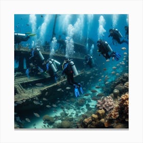 Scuba Divers On A Wreck Canvas Print