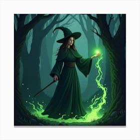 Witch Casting A Glowing Green Spell In A Darkened Forest Canvas Print