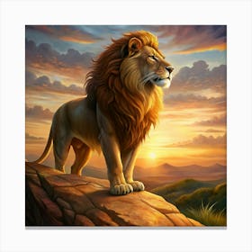 Majestic Lion Standing On A Mountain At Sunset Canvas Print