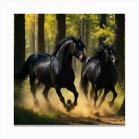 Two Black Horses Running In The Forest Canvas Print