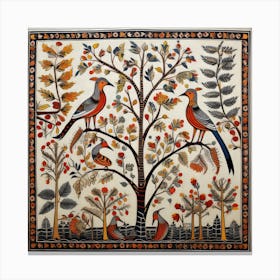 Birds On A Tree Madhubani Painting Indian Traditional Style 2 Canvas Print
