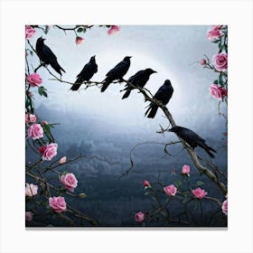 Atmospheric Digital Painting Of Seven Black Crows Perched On Intertwined Thorny Branches Surrounde Canvas Print