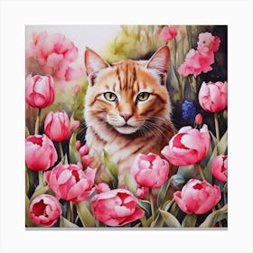 Cat In Pink Tulips Canvas Print