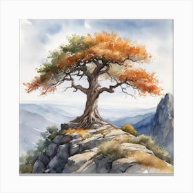 Watercolor Tree On A Rock Canvas Print