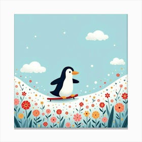 A Quirky Penguin Sliding Across An Icy Flower Field, With Whimsical Clouds Overhead Canvas Print