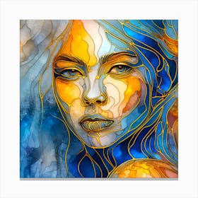 Portrait Of A Beautiful Lady In Stained Glass Effect - An Abstract Artwork In Shades Of Blue, Orange, And Golden Colors. Canvas Print