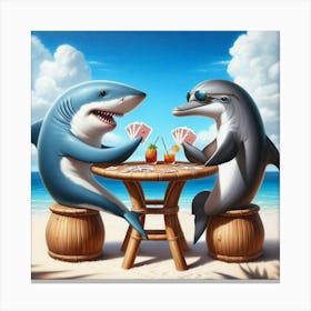 Shark And Dolphin Playing Cards On The Beach Canvas Print