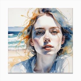 Watercolor Of A Woman On The Beach Canvas Print