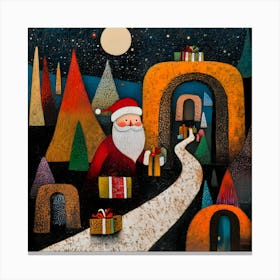 Whimsical Santa Claus Pathway Art Abstract Christmas Night With Gifts And Festive Trees Canvas Print