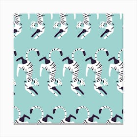 Prancing White Tiger Pattern On Blue Square Canvas Print