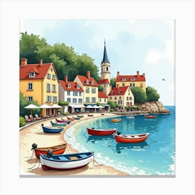 French Seaside Village In Watercolor With Colorful Houses And Fishing Boats 1 Canvas Print