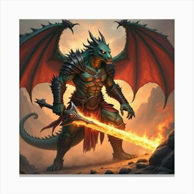 A Fierce Dragonborn Warrior Wielding A Magical Flaming Sword 1 Canvas Print