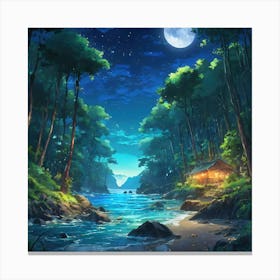 Tranquil Nighttime Scene at a Secluded Forest Cabin by a Stream Under Moonlight Canvas Print