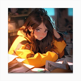 Anime Girl Sitting At Desk Canvas Print