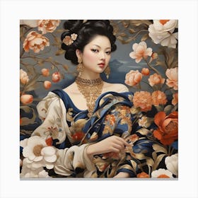 Chinese Woman With Flowers Canvas Print