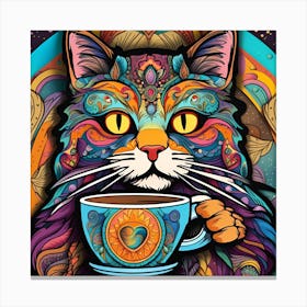Cat With Coffee Cup Whimsical Psychedelic Bohemian Enlightenment Print Canvas Print
