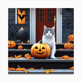Halloween Cat With Pumpkins Canvas Print
