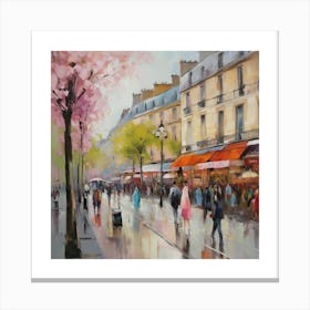 Paris In The Rain.Paris city, pedestrians, cafes, oil paints, spring colors. 1 Canvas Print