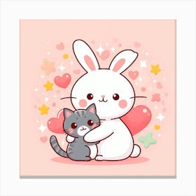 Cute Kawaii Bunny And Cat Canvas Print