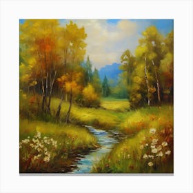 Oil Painting.Canada's forests. Dirt path. Spring flowers. Forest trees. Artwork. Oil on canvas. Canvas Print