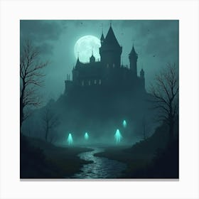 A Haunted Castle Shrouded In Mist With Glowing, Ghostly Apparitions Canvas Print