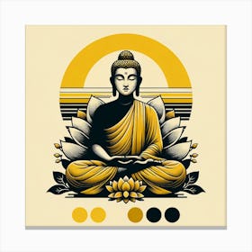 "Lotus Enlightenment" is an artful representation of the Buddha in serene meditation, adorned in golden robes and seated on a lotus, the symbol of purity and awakening. The backdrop, with its bold sun motif and stylized leaves, adds layers of symbolism, reflecting the Buddha's journey towards enlightenment. This artwork, with its balanced composition and calming color scheme, is ideal for cultivating an atmosphere of peace and introspection. It's a perfect piece for meditation spaces, living areas, or any setting where a touch of spiritual elegance is desired. "Lotus Enlightenment" is not just a visual treat; it's an invitation to embrace tranquility and mindfulness. Canvas Print