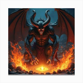 Demon In Dark Magic Ritual With Vibrant Watercolor Flames 1 Canvas Print