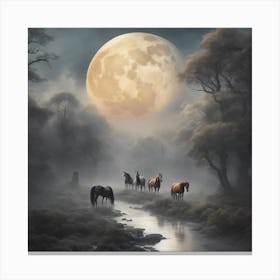 A large moon with famous horses and a babbling river, surrounded by towering trees and shrouded in mist, ethereal, dreamlike, Canvas Print