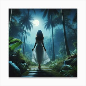 Beautiful Woman In The Forest At Night Canvas Print