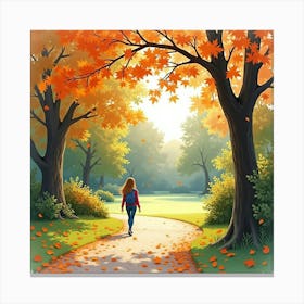 An Afternoon Stroll Through An English Park With Autumn Leaves, Watercolor 1 Canvas Print