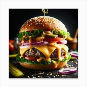 Behold the towering, delectable, and mouthwatering creation that is the Double Cheeseburger, a majestic culinary masterpiece that tantalizes the taste buds with its savory symphony of flavors. Canvas Print