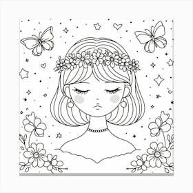 A Simple and Elegant Line Art Portrait of a Girl with Pearl Earrings and a Flower Crown, Surrounded by Butterflies and Stars 1 Canvas Print