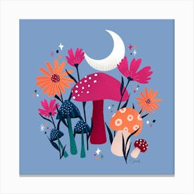 Mushrooms & Florals Moonstone Blue & Pink Square Canvas Print