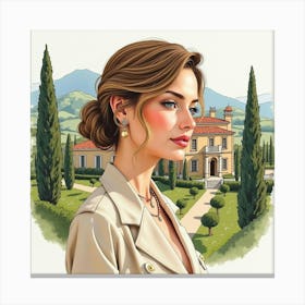 Refined Italian Woman In Watercolor, With A Backdrop Of A Luxurious Tuscan Villa Canvas Print