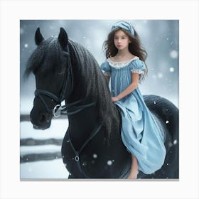 Little Girl Riding A Black Horse Canvas Print