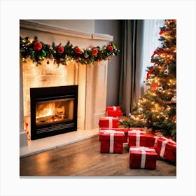 Christmas Tree In Front Of Fireplace Canvas Print