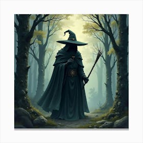 Black Magic Mage In A Watercolor Darkened Forest Realm 1 Canvas Print