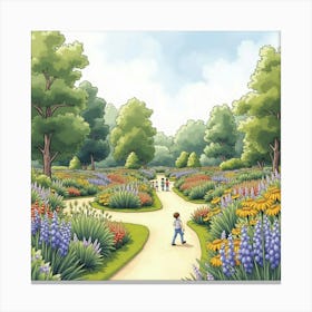 Watercolor View Of An English Botanical Garden With Visitors Enjoying The Flowers 1 Canvas Print