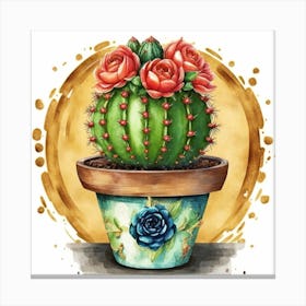 Cactus With Roses In A Pot Canvas Print